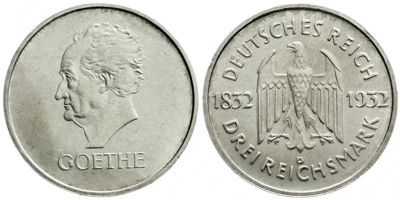 Gedenkmünzen
3 Reichsmark Goethe
1932 D. vorzüglich/Stempelglanz, kl. Randfehl...