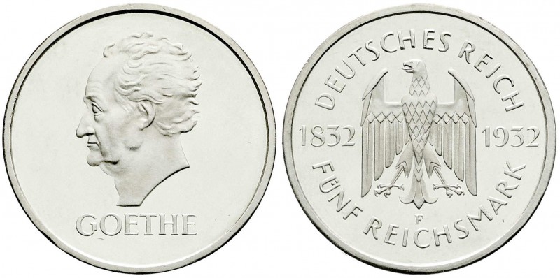 Gedenkmünzen
5 Reichsmark Goethe
1932 F. Polierte Platte, etwas berieben