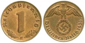 Klein/- und Kursmünzen
1 Reichspfennig Hakenkreuz, Kupfer 1936-1940
1936 E. vorzüglich/Stempelglanz