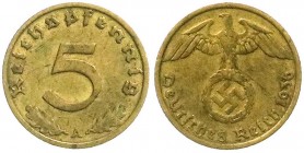 Klein/- und Kursmünzen
5 Reichspfennig, messingf. 1936-1939
1936 A. sehr schön, Kratzer