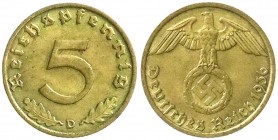 Klein/- und Kursmünzen
5 Reichspfennig, messingf. 1936-1939
1936 D. sehr schön