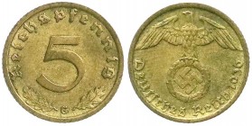 Klein/- und Kursmünzen
5 Reichspfennig, messingf. 1936-1939
1936 G. sehr schön/vorzüglich