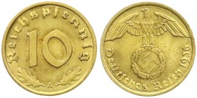 Klein/- und Kursmünzen
10 Reichspfennig Hakenkr., messingf. 1936-1939
1936 A. vorzüglich