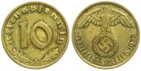 Klein/- und Kursmünzen
10 Reichspfennig Hakenkr., messingf. 1936-1939
1936 A. sehr schön, zaponiert