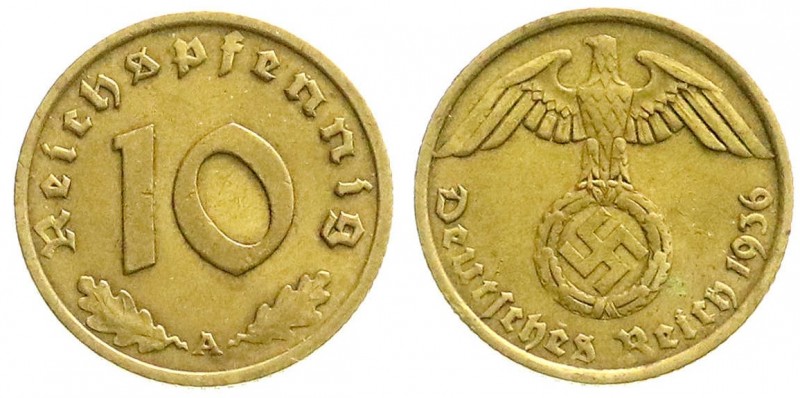 Klein/- und Kursmünzen
10 Reichspfennig Hakenkr., messingf. 1936-1939
1936 A. ...