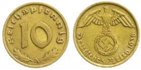 Klein/- und Kursmünzen
10 Reichspfennig Hakenkr., messingf. 1936-1939
1936 A. sehr schön