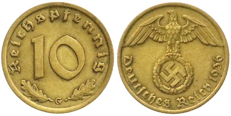 Klein/- und Kursmünzen
10 Reichspfennig Hakenkr., messingf. 1936-1939
1936 G. ...