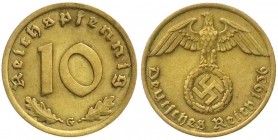 Klein/- und Kursmünzen
10 Reichspfennig Hakenkr., messingf. 1936-1939
1936 G. sehr schön
