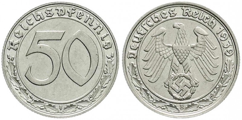 Klein/- und Kursmünzen
50 Reichspfennig, Nickel 1938-1939
1939 B. vorzüglich/S...