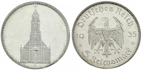 Klein/- und Kursmünzen
5 Reichsmark Garnisonskirche, Silber, 1934-1935
1935 F. Polierte Platte, min. Randfehler, sehr selten