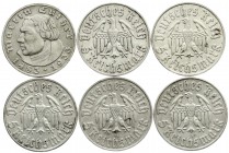 Gedenkmünzen
5 Reichsmark Luther, 1933-1934
6 Stück: komplette Serie mit allen Buchstaben 1933 A,D,E,F,G,J. meist sehr schön