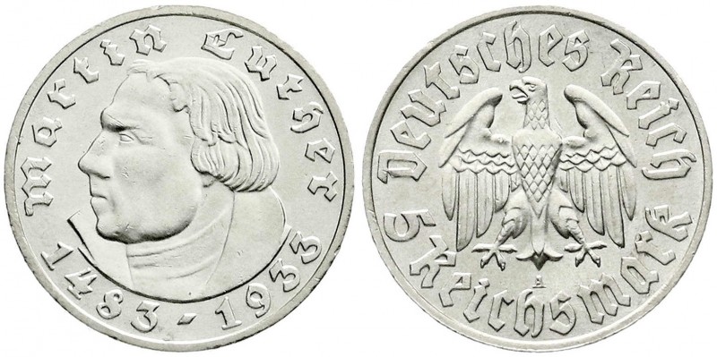 Gedenkmünzen
5 Reichsmark Luther, 1933-1934
1933 A. fast Stempelglanz, kl. Ran...