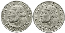 Gedenkmünzen
5 Reichsmark Luther, 1933-1934
2 Stück: 1933 D und F. beide vorzüglich