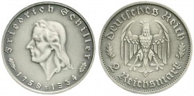 Gedenkmünzen
2 Reichsmark Schiller 1934
1934 F. Sog. Mattprägung (Polierte Platte mit Mattierung) Polierte Platte/Mattprägung, äußerst selten