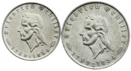Gedenkmünzen
5 Reichsmark Schiller 1934
2 Stück: 2 und 5 Reichsmark 1934 F. vorzüglich und sehr schön/vorzüglich, Randfehler