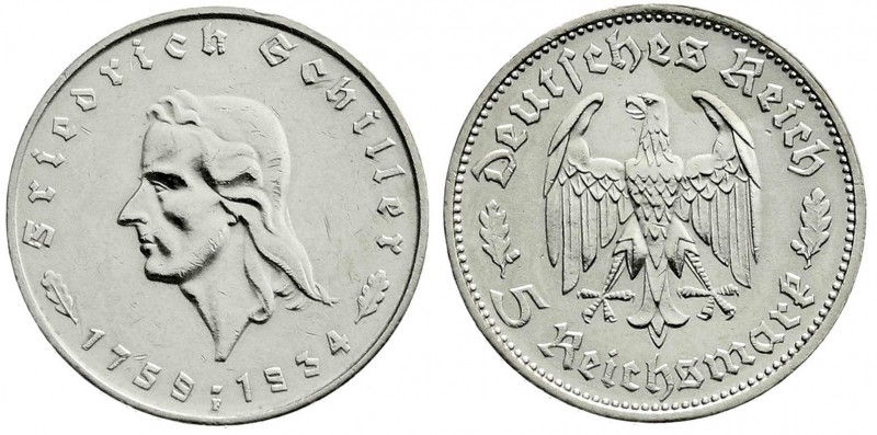 Gedenkmünzen
5 Reichsmark Schiller 1934
1934 F. vorzüglich, kl. Kratzer