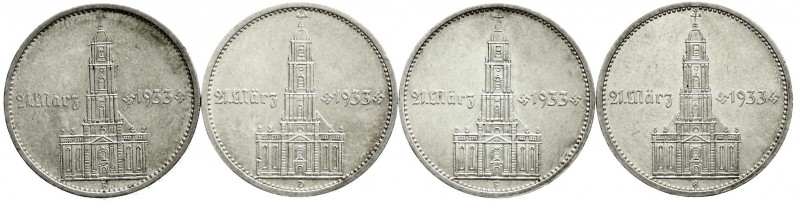 Gedenkmünzen
5 Reichsmark Garnisonskirche mit Datum
4 Stück: 1934 A, D, F, G. ...