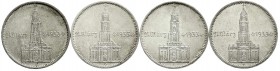 Gedenkmünzen
5 Reichsmark Garnisonskirche mit Datum
4 Stück: 1934 A, D, F, G. im Durchschnitt vorzüglich/Stempelglanz