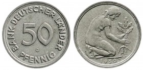 Kursmünzen
50 Pfennig, Kupfer/Nickel 1949-2001
1950 G. Bank Deutscher Länder. vorzüglich/Stempelglanz