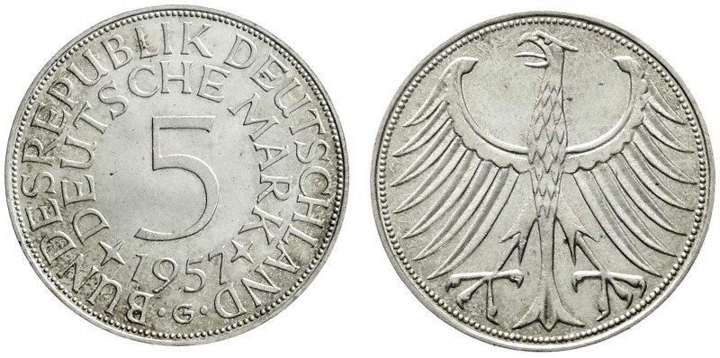 Kursmünzen
5 Deutsche Mark Silber 1951-1974
1957 G. prägefrisch/fast Stempelgl...