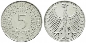 Kursmünzen
5 Deutsche Mark Silber 1951-1974
1959 D. prägefrisch, kl. Kratzer