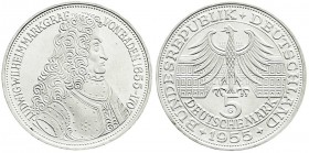 Gedenkmünzen
5 Deutsche Mark, Silber, 1952-1979
Markgraf von Baden 1955 G. fast Stempelglanz, Prachtexemplar