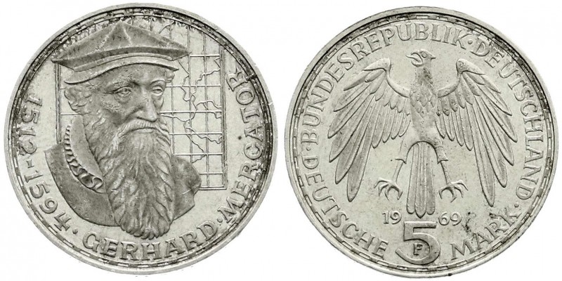 Gedenkmünzen
5 Deutsche Mark, Silber, 1952-1979
Mercator 1969 F. Mit langem "R...