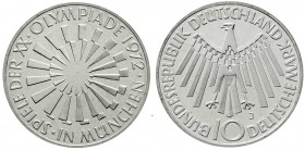 Gedenkmünzen
10 Deutsche Mark Olympia, Silber, 1972
1972 J. Spirale in München mit Randprägung Arabesken. Polierte Platte, selten
