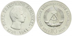 Gedenkmünzen der DDR
Verprägung: 10 Mark 1966, Schinkel. Rs. mit Abdruck eines mitgeprägten Metalldrahtes (kein Kratzer). vorzüglich/Stempelglanz