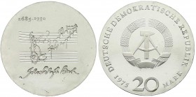 Gedenkmünzen der DDR
20 Mark 1975, Bachprobe mit vertieftem Notenzitat. Randschrift läuft links herum. prägefrisch