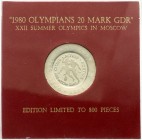 Gedenkmünzen der DDR
20 Mark Abbe mit Gegenstempel zur Olympiade Moskau 1980. Mit richtiger Zahl XXII. Im Originalblister ebenfalls mit richtiger Ins...