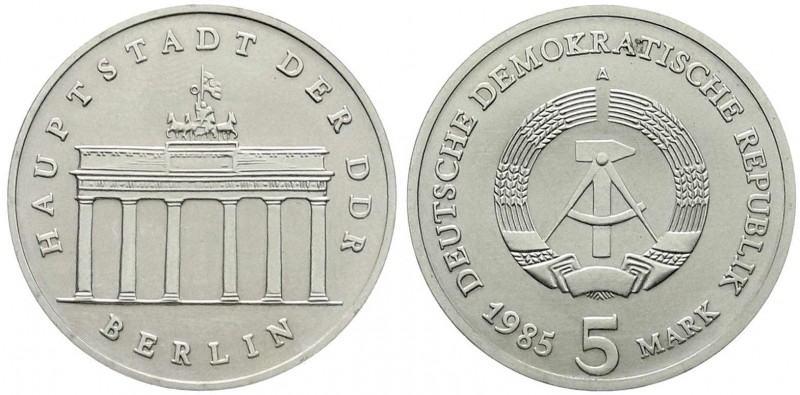 Gedenkmünzen der DDR
5 Mark 1985 A, Brandenburger Tor. Auflage nur 3000 Ex. fas...