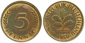 Bundesrepublik Deutschland
Materialprobe oder Rondenverwechslung: 5 Pfennig auf Kupfer-Schrötling (2 Pfennig) 1950 G. 3,25 g. (über 95 % Kupfer RFA)....