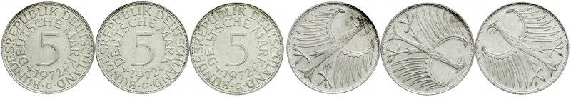 Bundesrepublik Deutschland
3 X 5 DM 1972 G, alle mit starken Stempeldrehungen: ...