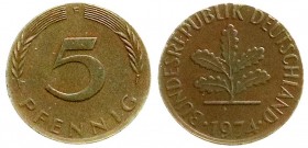 Bundesrepublik Deutschland
Materialprobe oder Rondenverwechslung: 5 Pfennig auf Stahl/Kupfer-Schrötling 1974 F. 2,04 g. Aufgrund des kl. Schrötlings ...