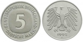 Bundesrepublik Deutschland
5 Mark 1995 J, Probe-Prägung in PP. Nur die 5 poliert geprägt, Rest mattiert. Bisher in der Literatur unbekannt. Polierte ...