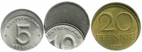 DDR
3 Verprägungen: 5 Pfennig 1948, 10 Pfennig (o.J.) und 20 Pfennig 1971, alle dezentriert geprägt. prägefrisch