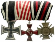 Deutschland
Deutsche Länder, bis 1918
Dreier-Ordenspange: EK II 1914, Bremen Hanseatenkreuz, Ehrenkr. f. Fr. sehr schön bis vorzüglich