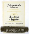Deutschland
Drittes Reich, 1933-1945
Ärmelband "Afrika", sogenannte "Kamelhaar"-Ausführung mit Besitzzeugnis (mit Palme, zweifach gelocht). Dazu zwe...