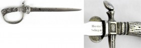 Blankwaffen
Deutschland
Brieföffner als Miniatur eines Hirschfängers, Hersteller Hörster, Solingen. Länge 20 cm. Klinge Korrosionsspuren