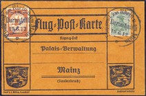 Deutschland
Deutsches Reich
1 M auf 10 Pf. Flugpostmarke/Gelber Hund 1912, sauber auf entsprechender Flugpostkarte.