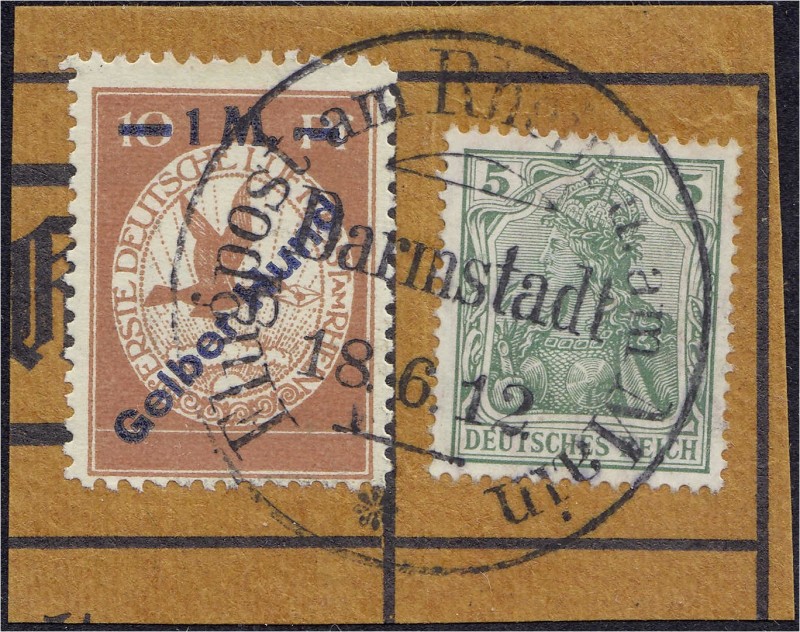 Deutschland
Deutsches Reich
1 M auf 10 Pf. Flugpostmarke/Gelber Hund 1912, sau...
