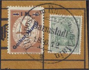 Deutschland
Deutsches Reich
1 M auf 10 Pf. Flugpostmarke/Gelber Hund 1912, sauber auf Briefstück. Mi. 200,-€.