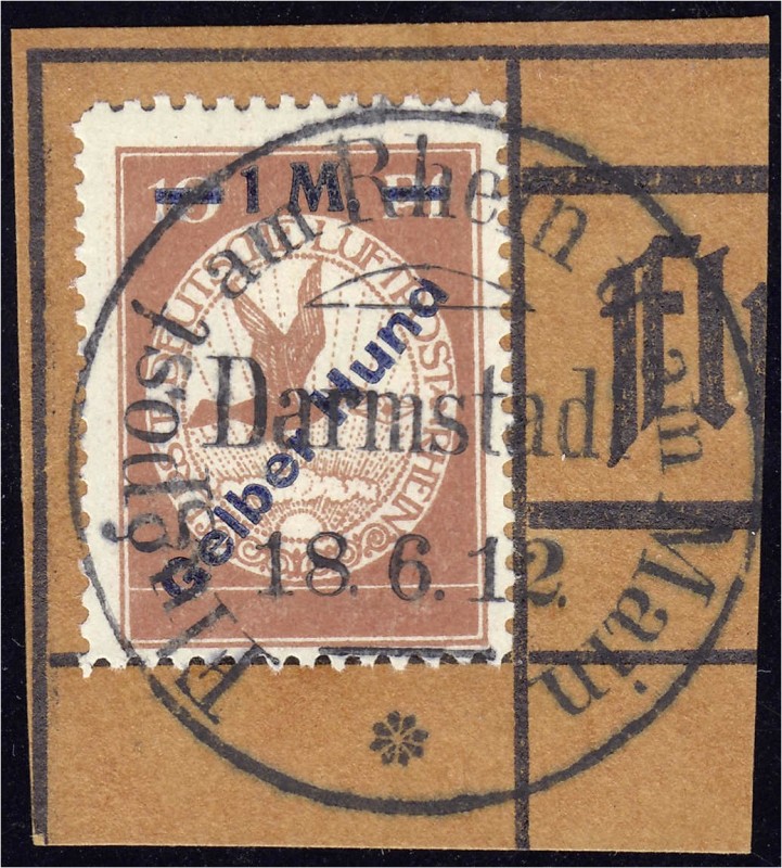 Deutschland
Deutsches Reich
1 M auf 10 Pf. Flugpostmarke/Gelber Hund 1912, sau...