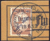 Deutschland
Deutsches Reich
1 M auf 10 Pf. Flugpostmarke/Gelber Hund 1912, sauber gestempelt auf Briefstück mit Aufdruckfehler ,,Huna" statt ,,Hund"...