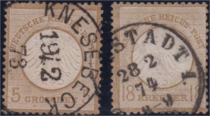 Deutschland
Deutsches Reich
5 Gr. + 18 Kr. Brustschild 1872, zwei sauber geste...