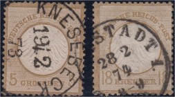 Deutschland
Deutsches Reich
5 Gr. + 18 Kr. Brustschild 1872, zwei sauber gestempelte Werte in guter Gesamterhaltung, Nr. 11 geprüft M. Sommer BPP. M...