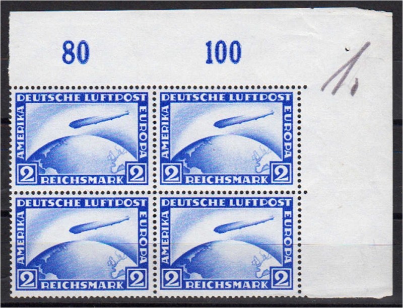 Deutschland
Deutsches Reich
2 RM. Flugpostmarken 1928, postfrischer Viererbloc...