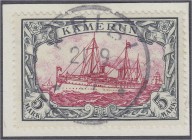 Deutschland
Deutsche Auslandspostämter und Kolonien
5 M Kaiseryacht 1900, ohne Wasserzeichen, zentrisch gestempelt auf Briefstück mit Tagesstempel "...