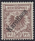 Deutschland
Deutsche Auslandspostämter und Kolonien
50 Pf. Freimarke 1899, ungebraucht mit Falz. Fotoattest R. F. Steuer BPP >einwandfrei